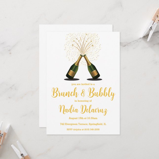 rosa och guld brunch och bubblande möhippa inbjudningar (Fram/Back In Situ)