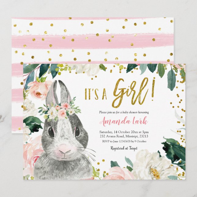 Rosa och Guld Bunny Blommigt Baby Shower-inbjudan Inbjudningar (Fram/baksida)