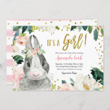 Rosa och Guld Bunny Blommigt Baby Shower-inbjudan