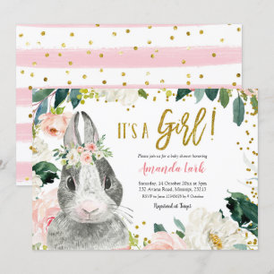 Rosa och Guld Bunny Blommigt Baby Shower-inbjudan Inbjudningar