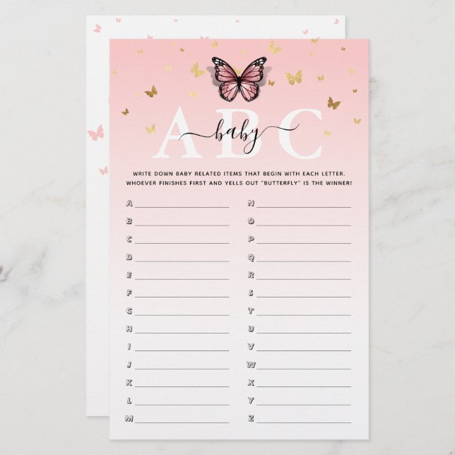 Rosa och Guld Butterfly ABC Baby Shower Game (Fram/baksida)