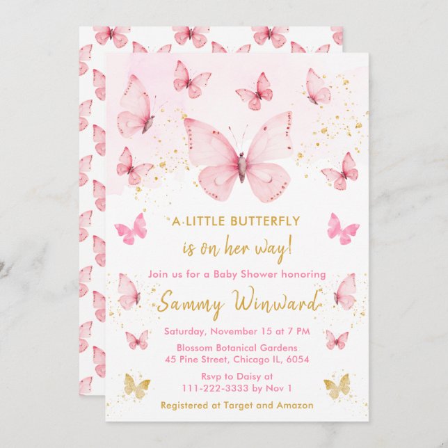 Rosa och Guld Butterfly Baby Shower Inbjudningar (Fram/baksida)