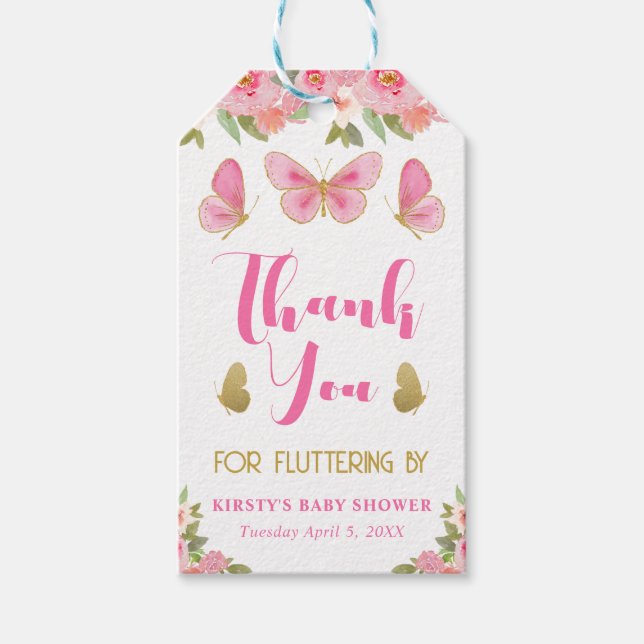 Rosa och Guld Butterfly Blommigt Girl Baby Shower Presentetikett (Framsidan)