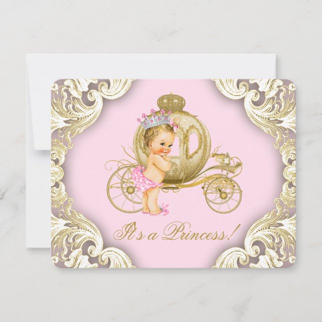 Rosa och Guld Carriage Girls Princess Baby Shower Inbjudningar (Framsida)
