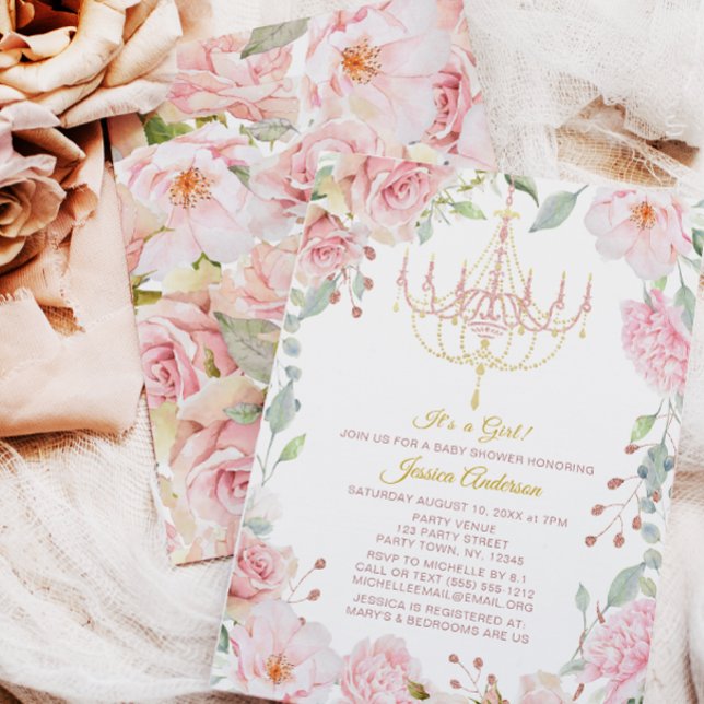 Rosa och Guld Chandelier Blommigt Ro Baby Shower Inbjudningar (Skapare uppladdad)