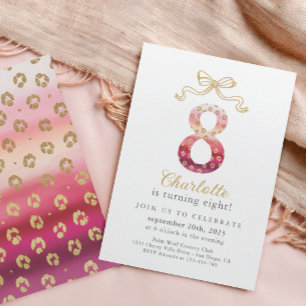 Rosa och Guld Cheetah Leopard Skriv ut 8:e födelse Inbjudningar