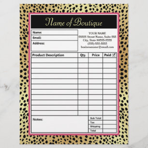 Rosa och Guld Cheetah Skriv ut Boutique-orderblank