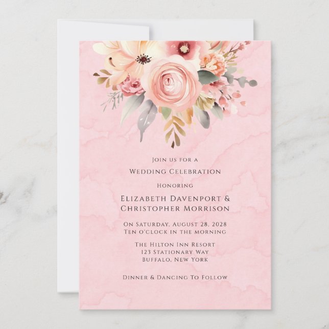 Rosa och Guld Chic Blommigtarna Bröllop Inbjudningar (Framsida)