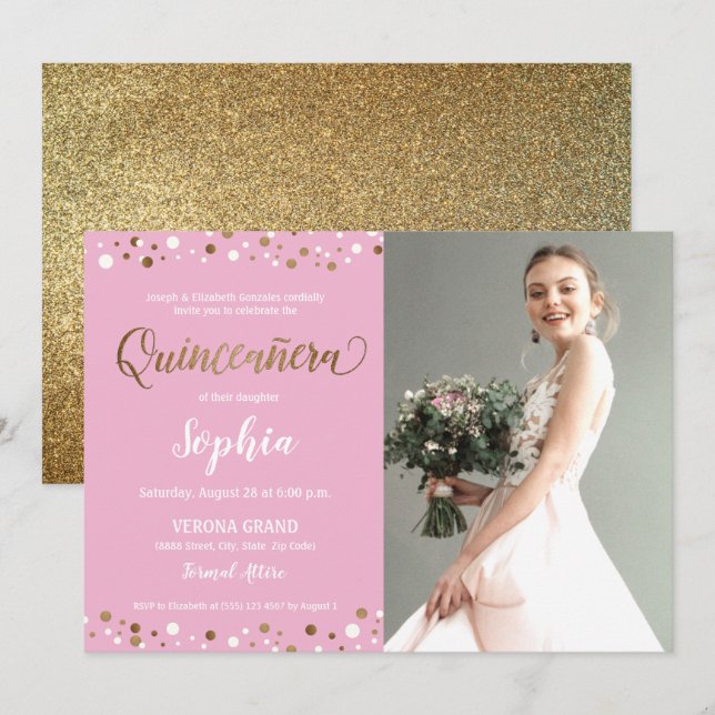 Rosa och Guld Confetti Quinceanera 15-årsdag Inbjudningar (Fram/baksida)