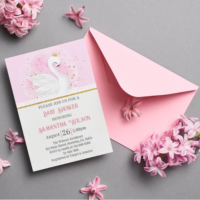 Rosa och Guld Confetti Svan Princess Baby Shower Inbjudningar (Skapare uppladdad)
