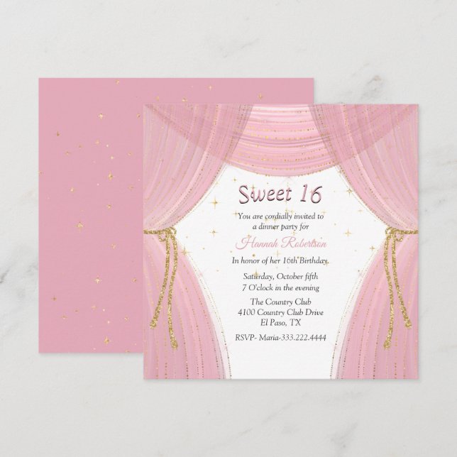 Rosa och Guld Curtain Sweet 16 Inbjudningar (Fram/baksida)
