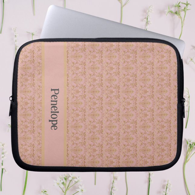 Rosa och Guld Damask Personlig Laptop Fodral (Elegant pink and gold personalized laptop sleeve)