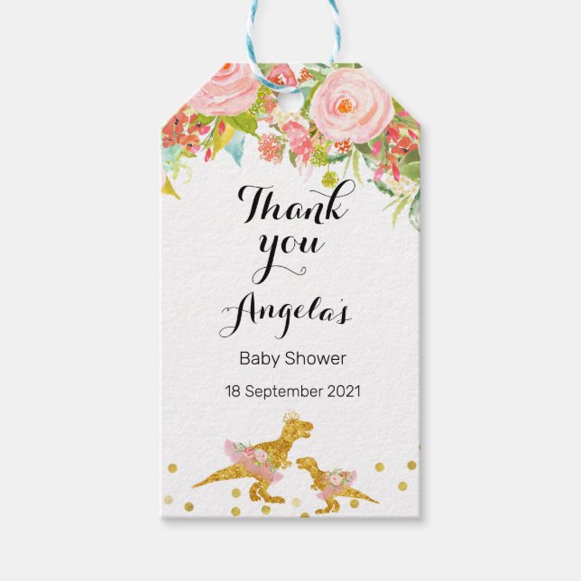 Rosa och Guld Dino Modern Tack Märkre Presentetikett (Framsidan)