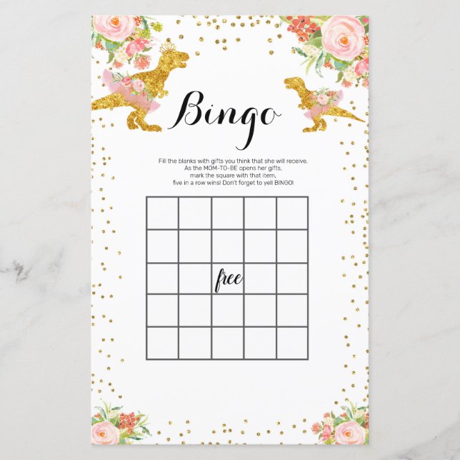 Rosa och guld Dino Watercolor Bingo Spel (Framsida)