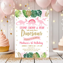 Rosa och Guld Dinosaur Safari Birthday Inbjudningar