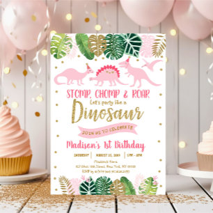 Rosa och Guld Dinosaur Safari Birthday Inbjudningar