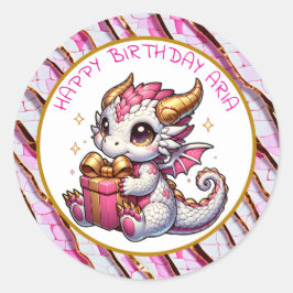 Rosa och Guld Dragon Girl's Personlig Birthday Runt Klistermärke