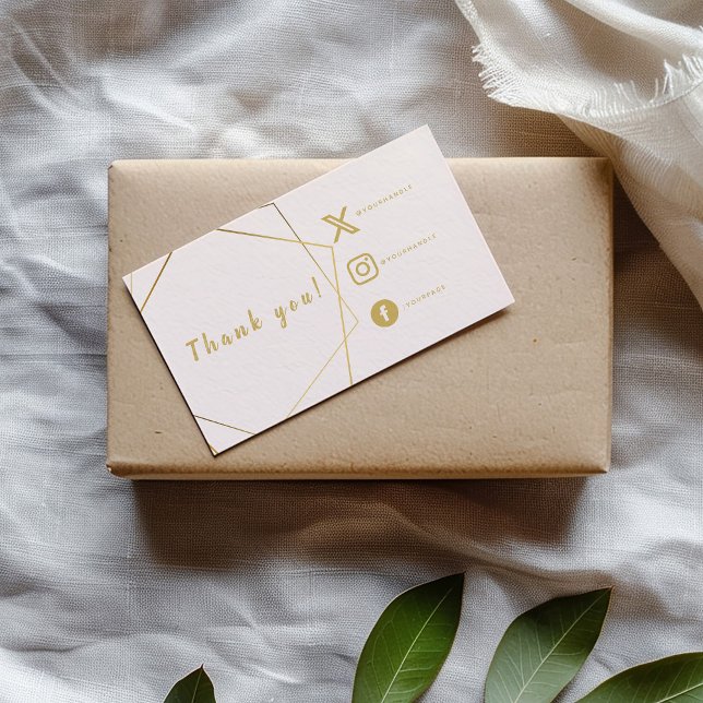 Rosa och guld, effekt Social-länkar Infoga kort (Pink and gold geometric "Thank you" insert card with social media icons and details.)