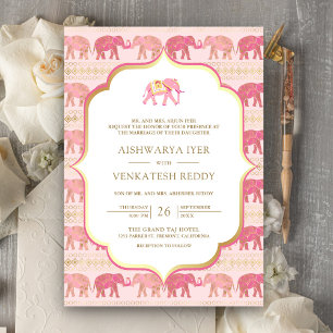 Rosa och guld elefant allt i en indisk bröllop inbjudningar