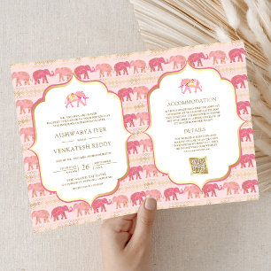 Rosa och guld elefant indisk allt-i-ett bröllopsin inbjudan