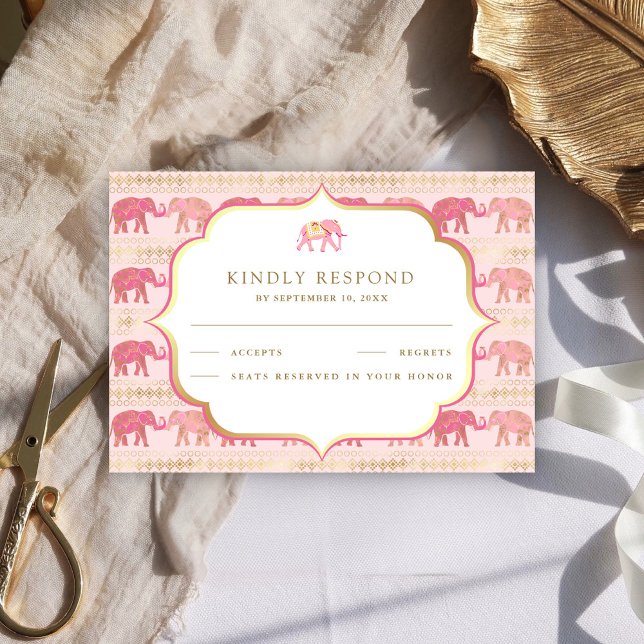 Rosa och Guld Elefant Indiskt Bröllop OSA Kort (Skapare uppladdad)