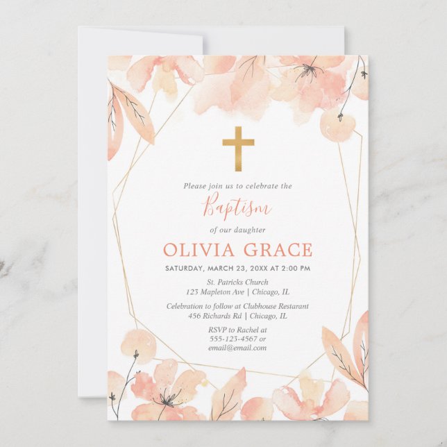 rosa och guld elegant blommigt Baptism Inbjudningar (Framsida)