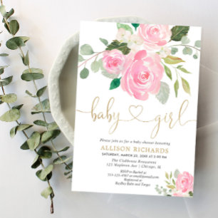 Rosa och guld elegant ro blommigt, babydusch för b inbjudningar