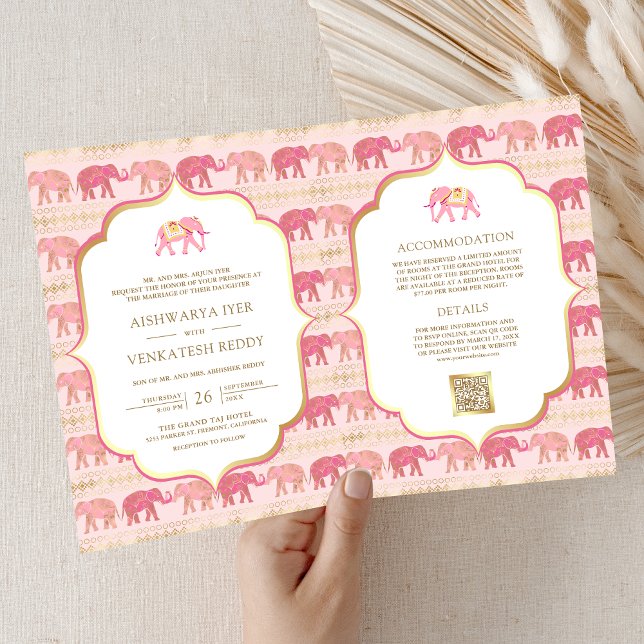 Rosa och Guld Elephant Indian All in One Bröllop Inbjudan (Skapare uppladdad)