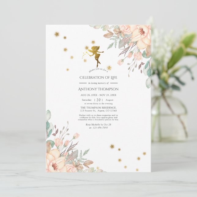 Rosa och Guld Fairy themed Firande of Life Inbjudningar (Stående Fram)
