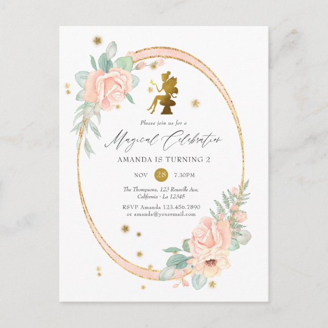 Rosa och Guld Fairy themed Girl 2 Birthday Party Inbjudan Vykort (Framsida)