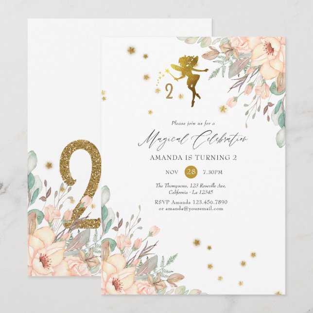 Rosa och Guld Fairy themed Girl 2 Birthday Party Inbjudningar (Fram/baksida)