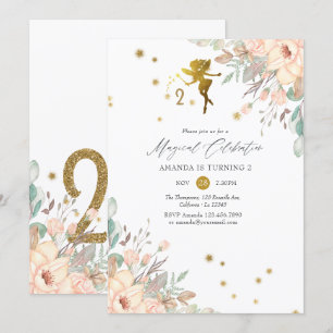 Rosa och Guld Fairy themed Girl 2 Birthday Party Inbjudningar