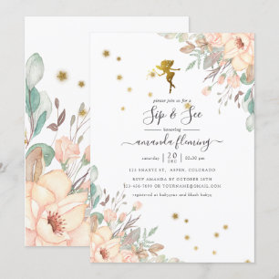 Rosa och Guld Fairy themed Girl Sip och See and Se Inbjudningar