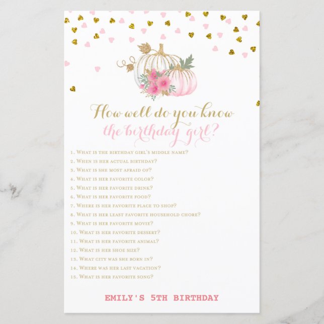 Rosa och Guld Fall Birthday Game, Pumpkin (Framsida)