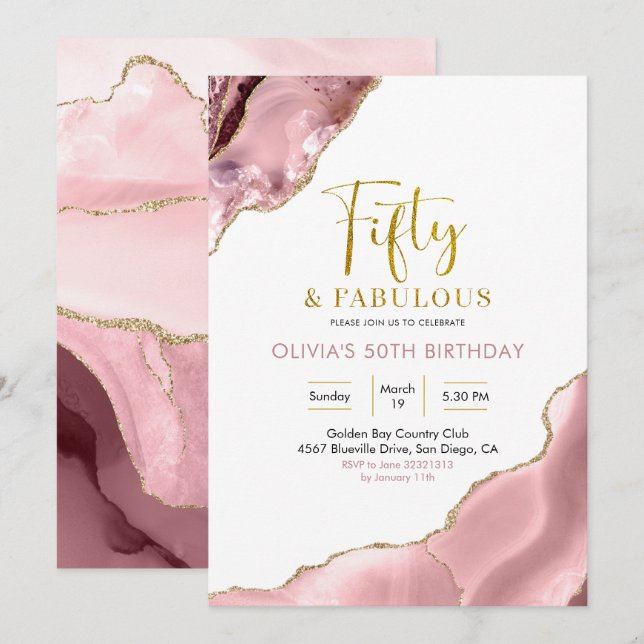 Rosa  och Guld femtio- och Fabulous-inbjudan Inbjudningar (Fram/baksida)