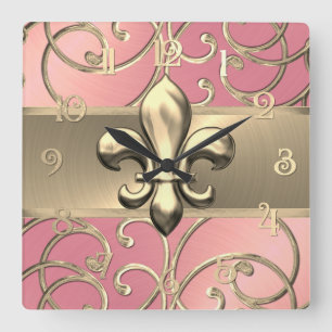 Rosa och Guld Filigree Swirls Fleur de Lis Fyrkantig Klocka