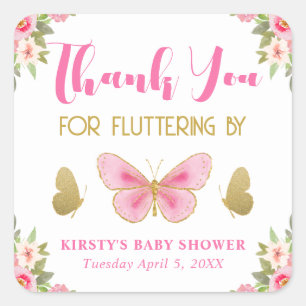 Rosa och guld fjäril Blommig flicka Baby Shower Fyrkantigt Klistermärke