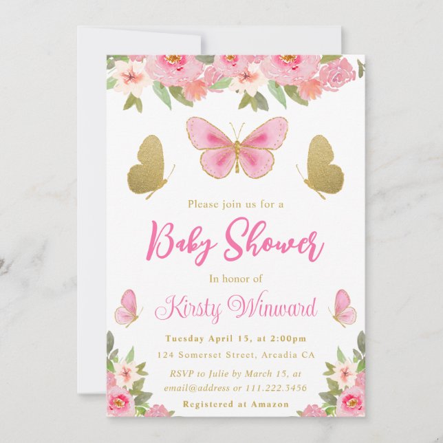 Rosa och guld fjäril Blommig flicka Baby Shower Inbjudningar (Framsida)