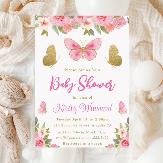 Rosa och guld fjäril Blommig flicka baby shower Inbjudningar (Skapare uppladdad)