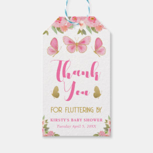 Rosa och guld fjäril Blommig flicka Baby Shower Presentetikett