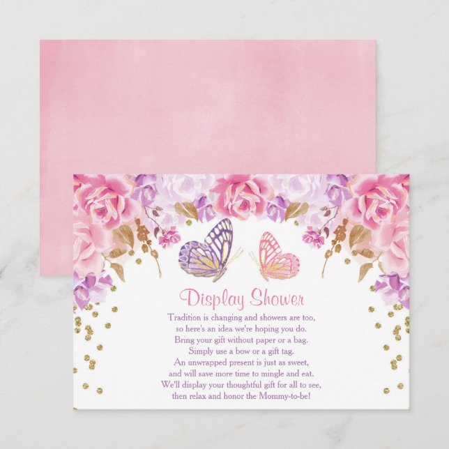 Rosa och guld fjärilsdisplay duschinlägg tilläggskort (Fram/baksida)