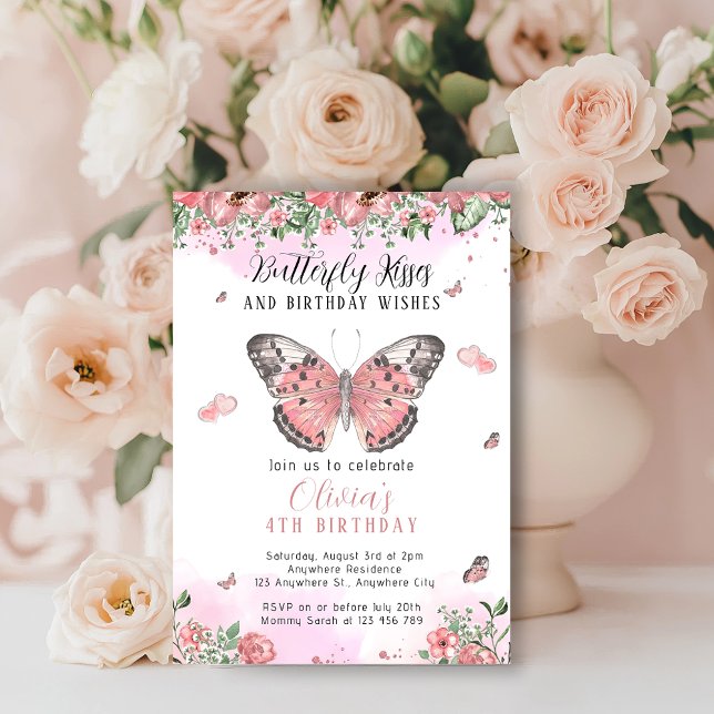 Rosa och guld fjärilskysar inbjudan (Floral Pink Butterfly Kisses Birthday Invitation)