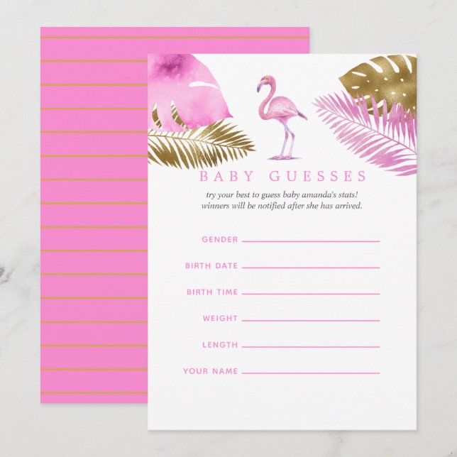 Rosa och Guld Flamingo Baby Shower Baby Guesses Inbjudningar (Fram/baksida)