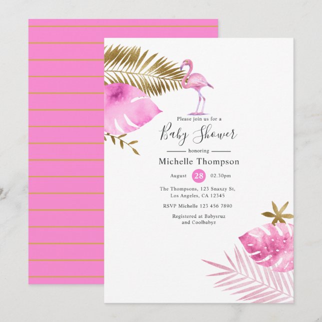 Rosa och Guld Flamingo Baby Shower Inbjudningar (Fram/baksida)
