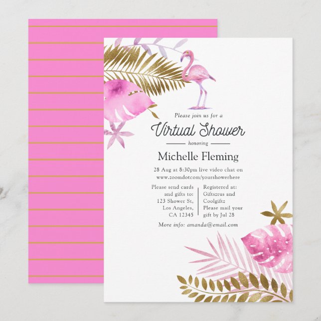 Rosa och guld Flamingo Virtuell Baby Shower Inbjudningar (Fram/baksida)