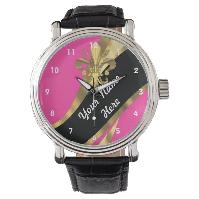 Rosa och guld fleur de lys personlig armbandsur (Framsida)