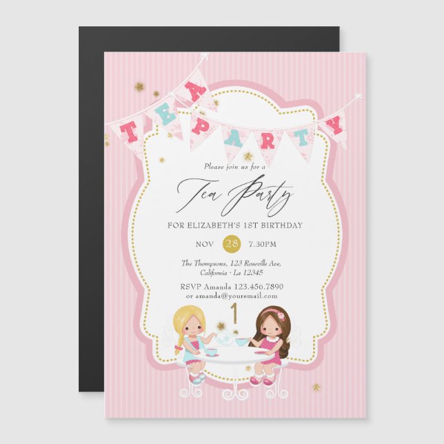 Rosa och Guld flicka 1:a födelsedag Tea Party Magnetisk Inbjudningskort (Fram/baksida)