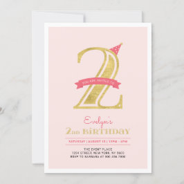 Rosa och Guld | Flicka 2:a födelsedagen Party Inbjudningar