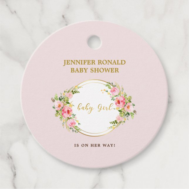 Rosa och Guld Flower temat en flickdusch Gåvor Etiketter (Framsida)