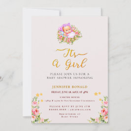 Rosa och Guld Flower temat en flickdusch Inbjudningar